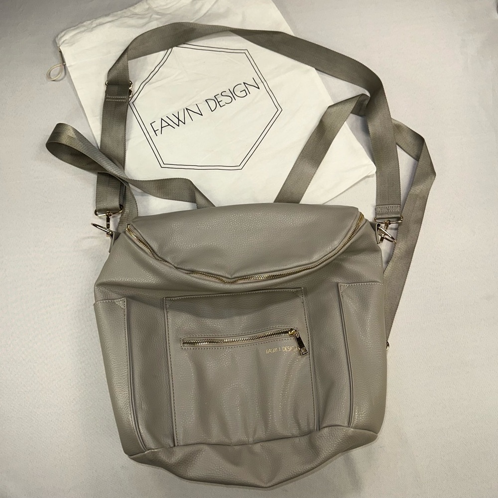 Fawn Design Grey Pebbled Faux Leather Convertible Diaper Bag Backpack Gold Tone